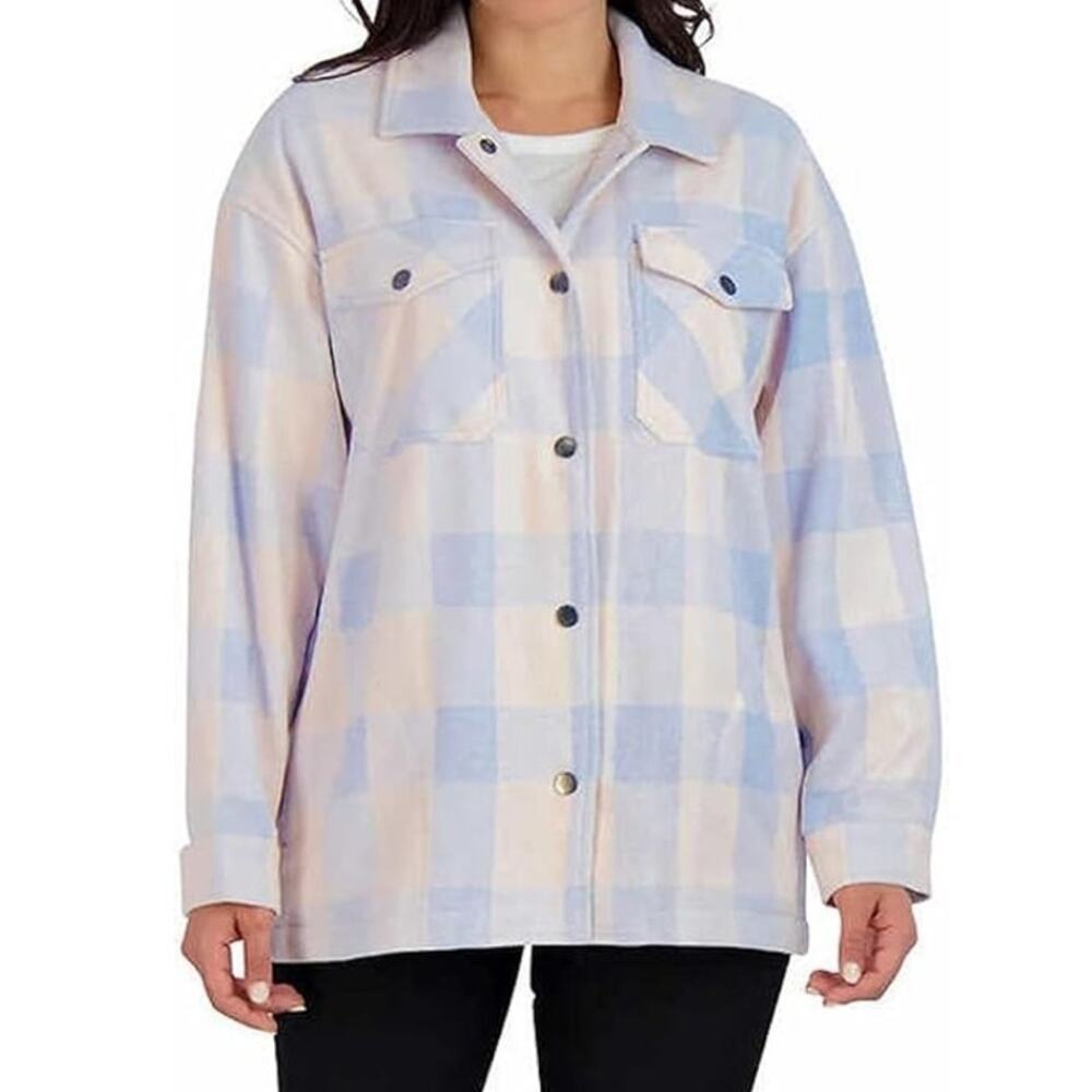 HFX Teal Blue Cream Plaid Snap Front Heavyweight Flannel Shirt Jacket Size Small